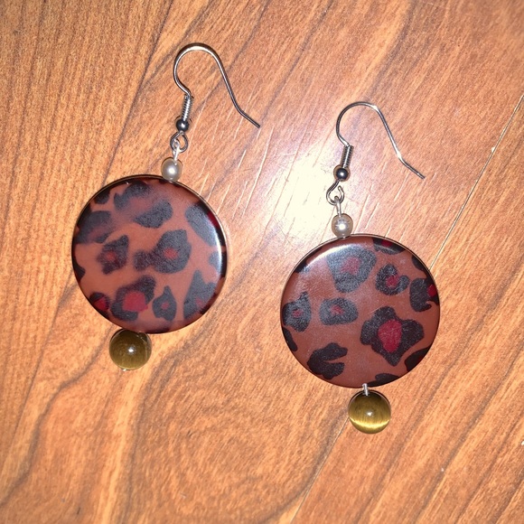 Cheetah Print plus real Tiger Eye Stone Earrings - Picture 3 of 4